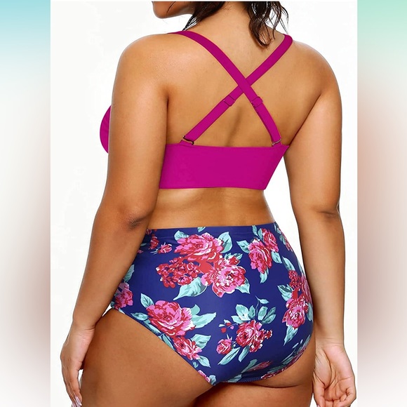 Womens two piece floral and mesh bottom with solid pink top in size 14w - Picture 2 of 8